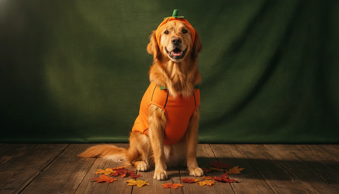 A golden retriever in a well-fitted pumpkin costume sitting on a wooden floor, looking happily at the camera, with autumn leaves around its paws.