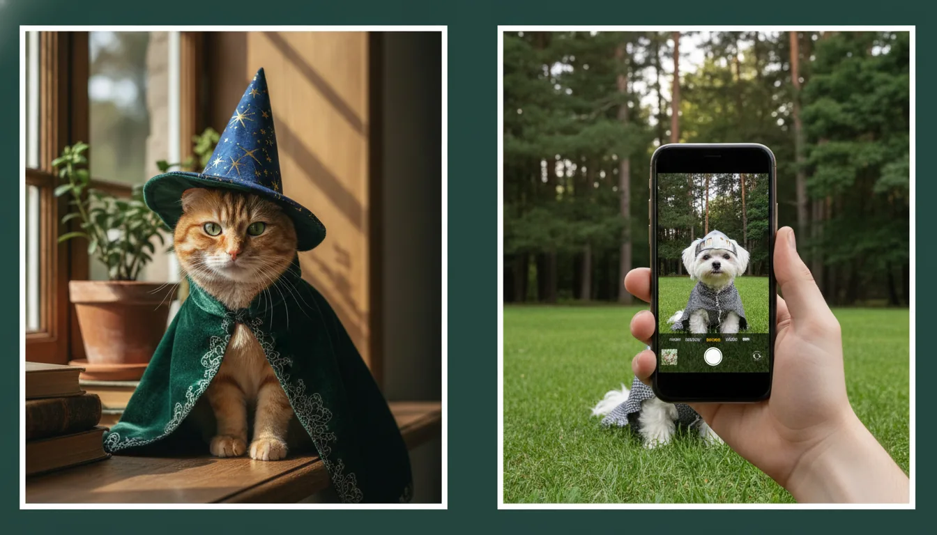 A cat in a tiny wizard hat and robe on a windowsill, beside a hand holding a phone photographing a small dog in a knight costume on a lawn.