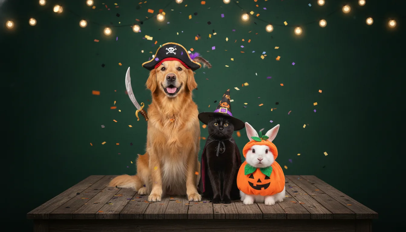 A dog, a cat, and a rabbit dressed in Halloween costumes sitting together on a stage, with confetti and warm string lights behind them.