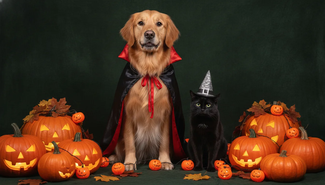 A festive Halloween scene with a dog wearing a vampire cape and a cat in a witch hat sitting on a dark forest-green backdrop with orange pumpkins and string lights