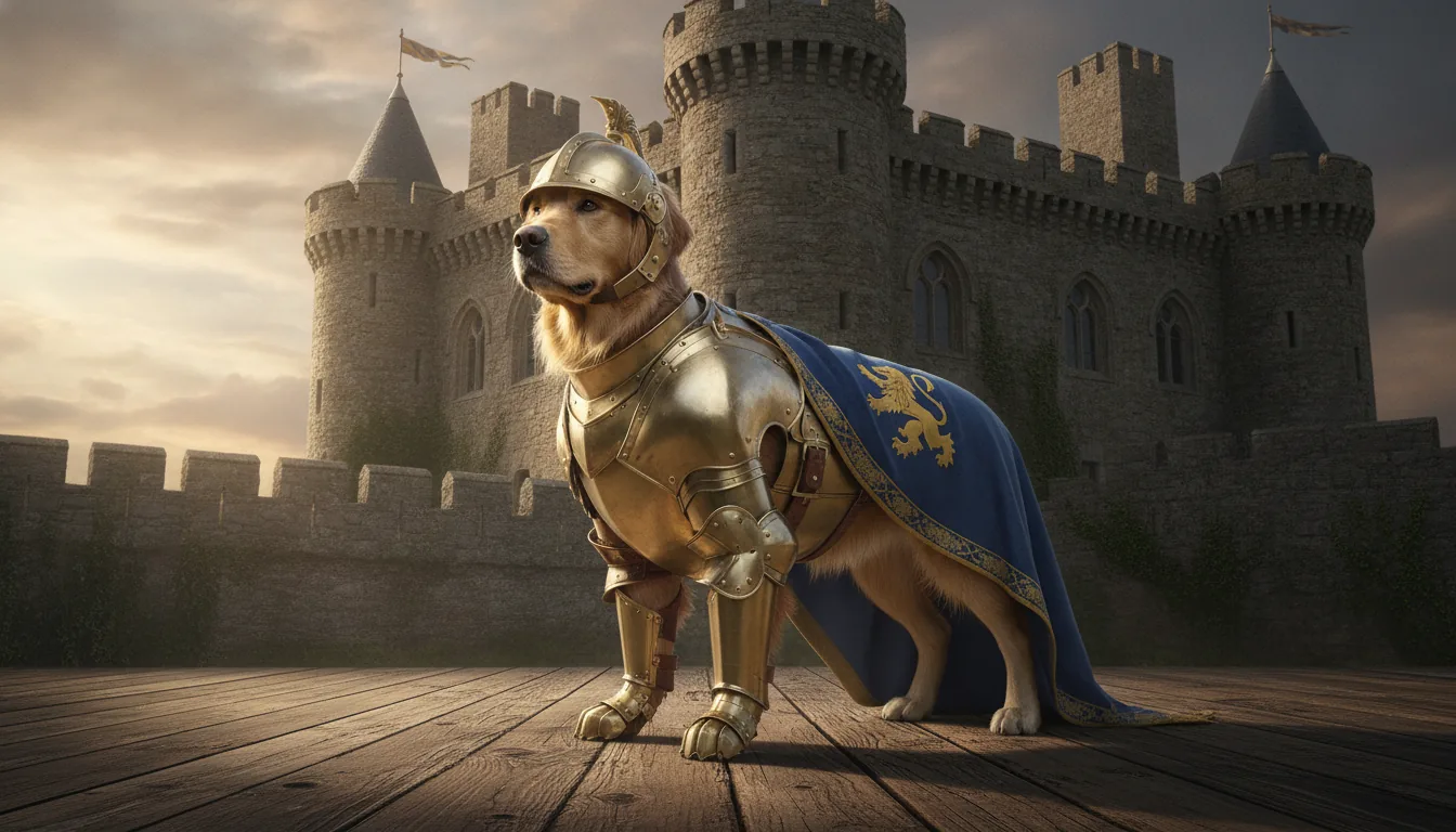 A golden retriever wearing a knight's armor costume, standing on a wooden floor with a castle backdrop